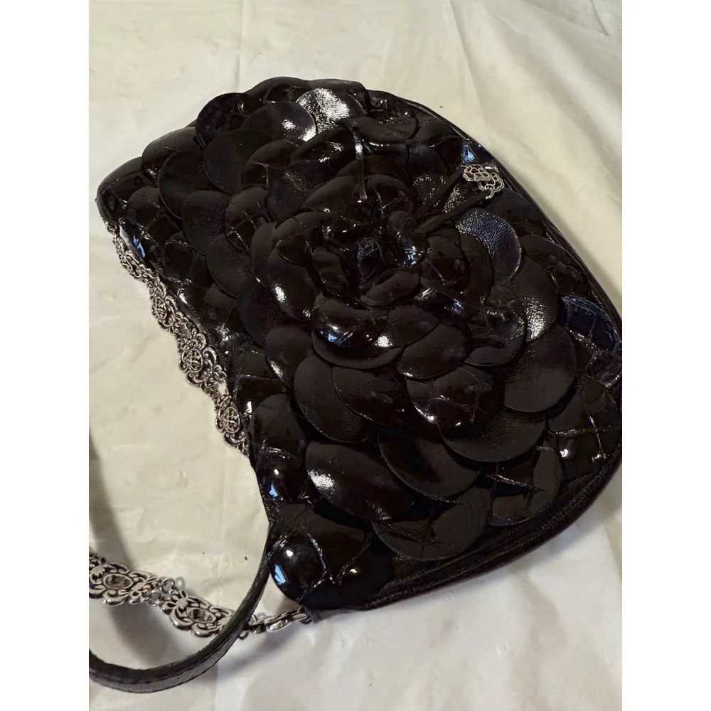 Brighton Rosalie Black Leather Pochettee Handbag Flower baguette